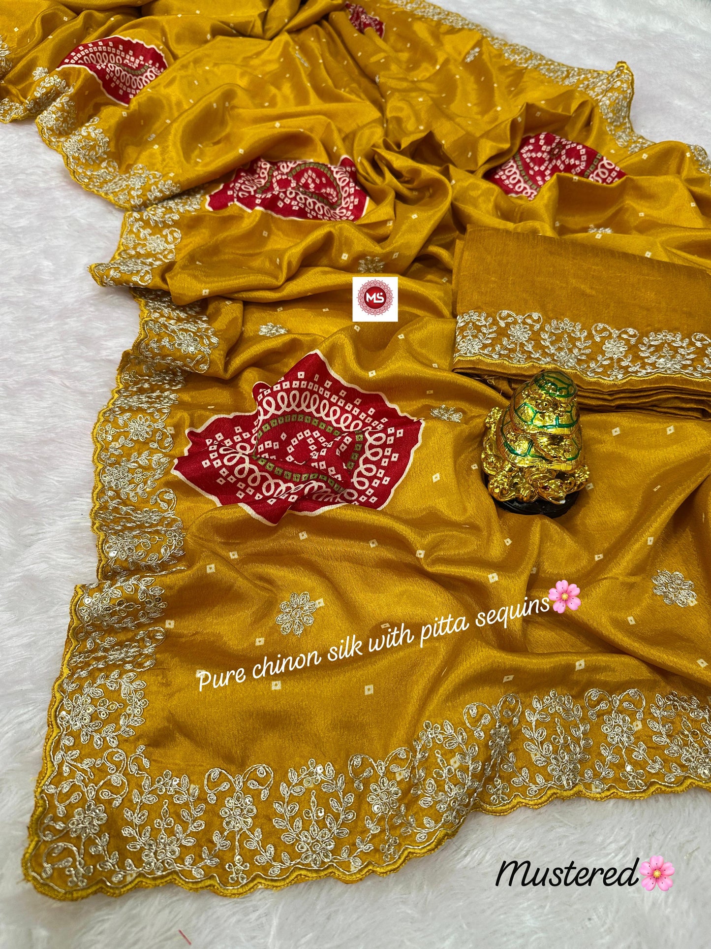 Pure Chinon c-pallu with pitta Codding and sequins work in all saree