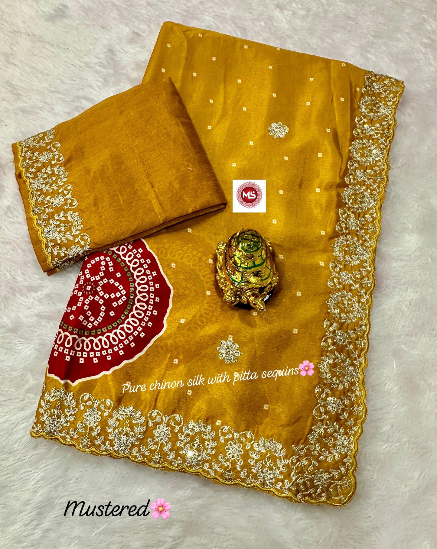 Pure Chinon c-pallu with pitta Codding and sequins work in all saree