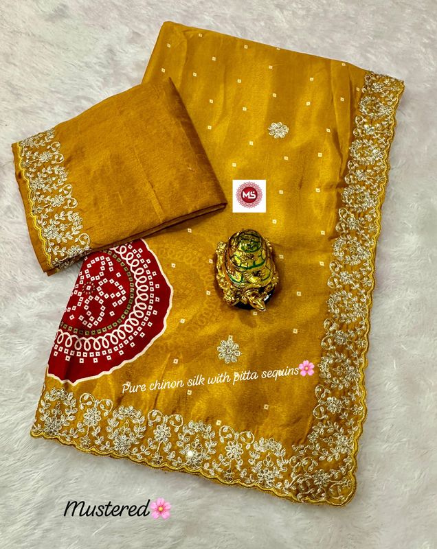 Pure Chinon c-pallu with pitta Codding and sequins work in all saree