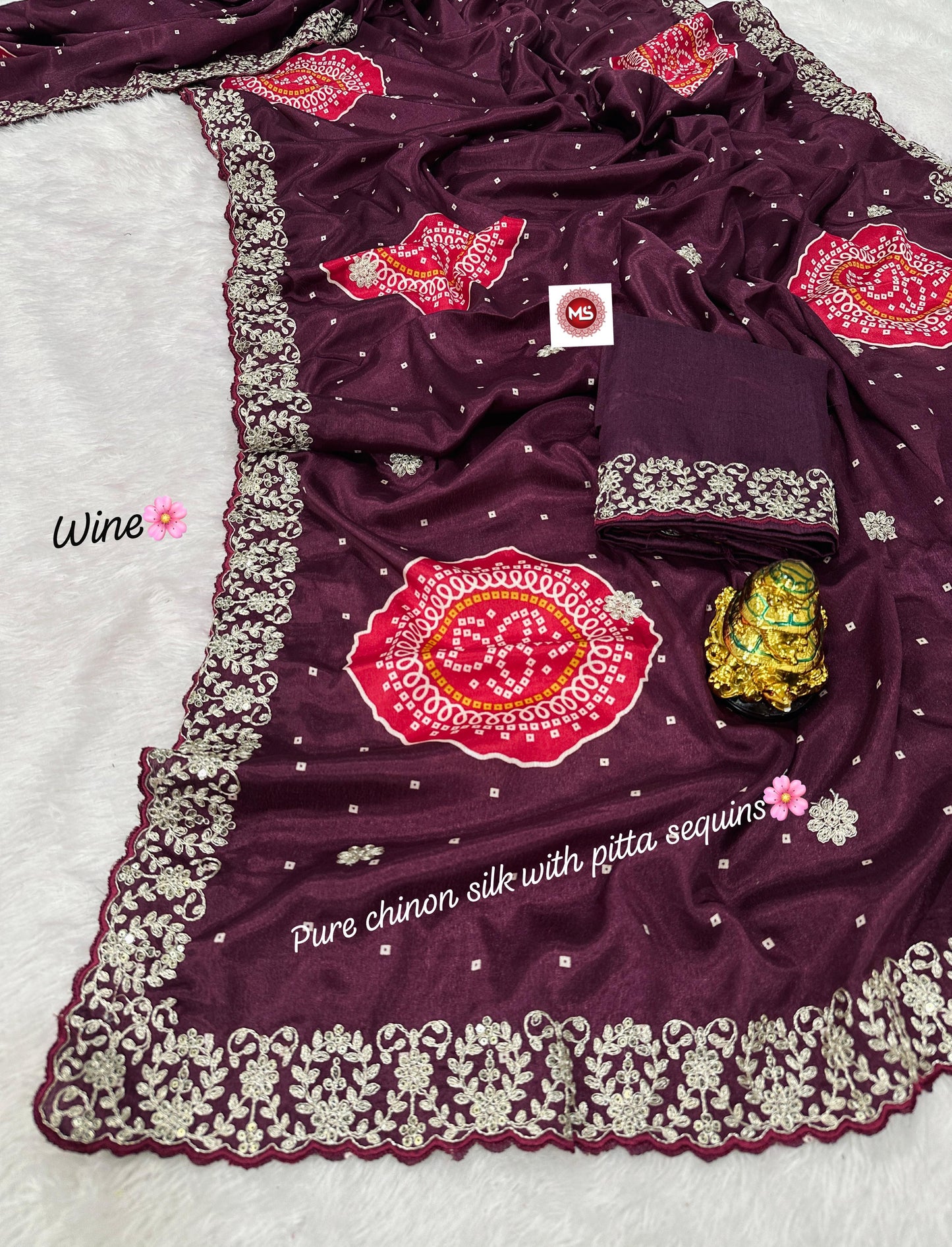 Pure Chinon c-pallu with pitta Codding and sequins work in all saree
