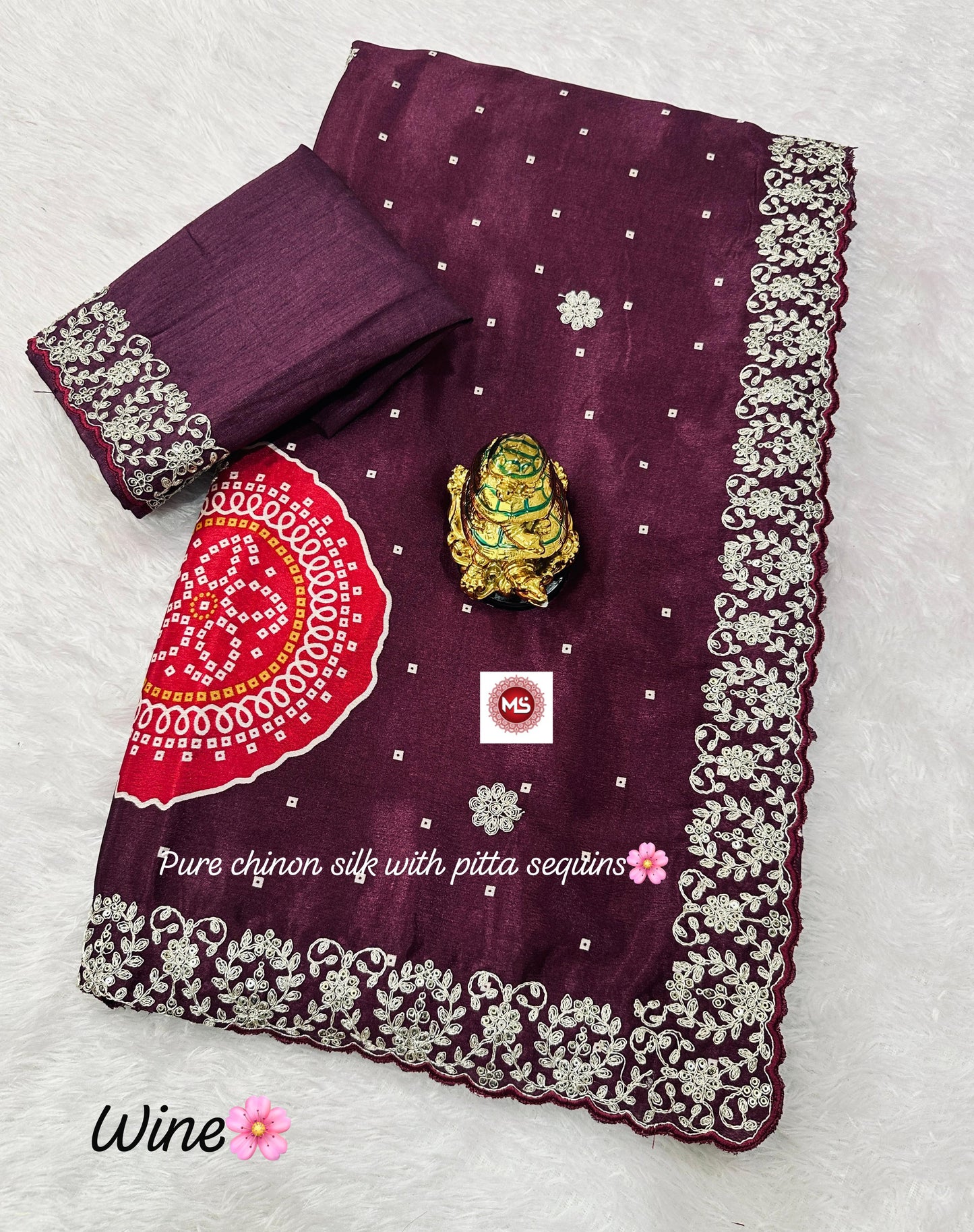 Pure Chinon c-pallu with pitta Codding and sequins work in all saree
