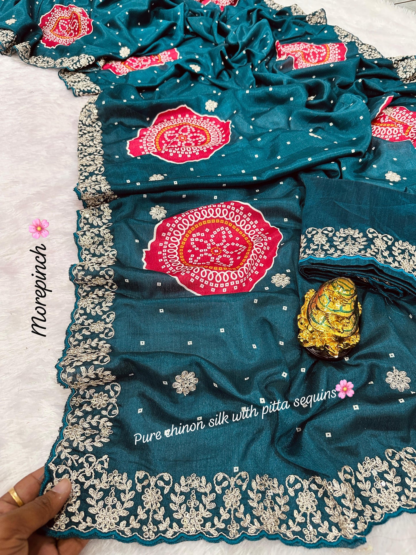 Pure Chinon c-pallu with pitta Codding and sequins work in all saree