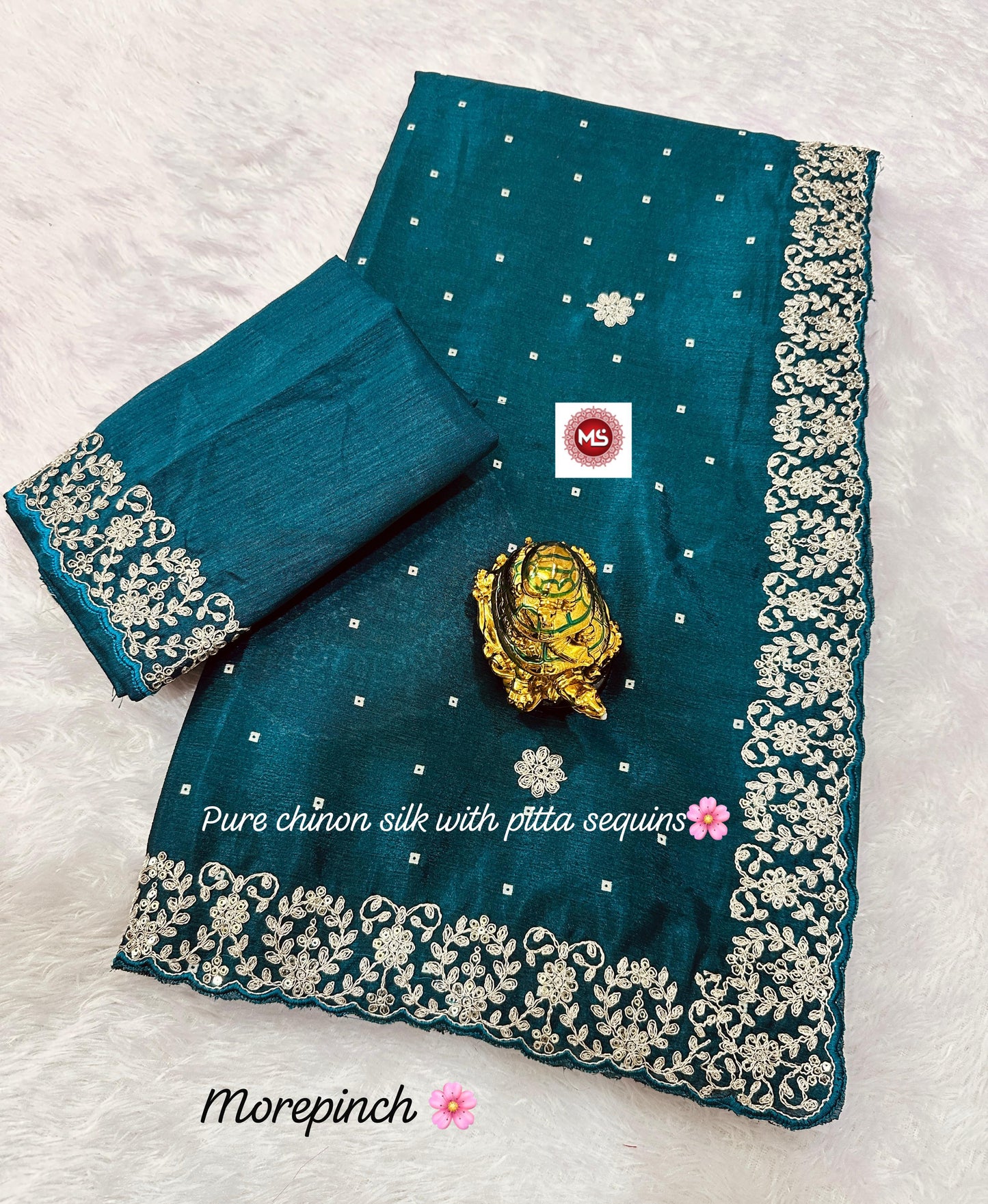 Pure Chinon c-pallu with pitta Codding and sequins work in all saree