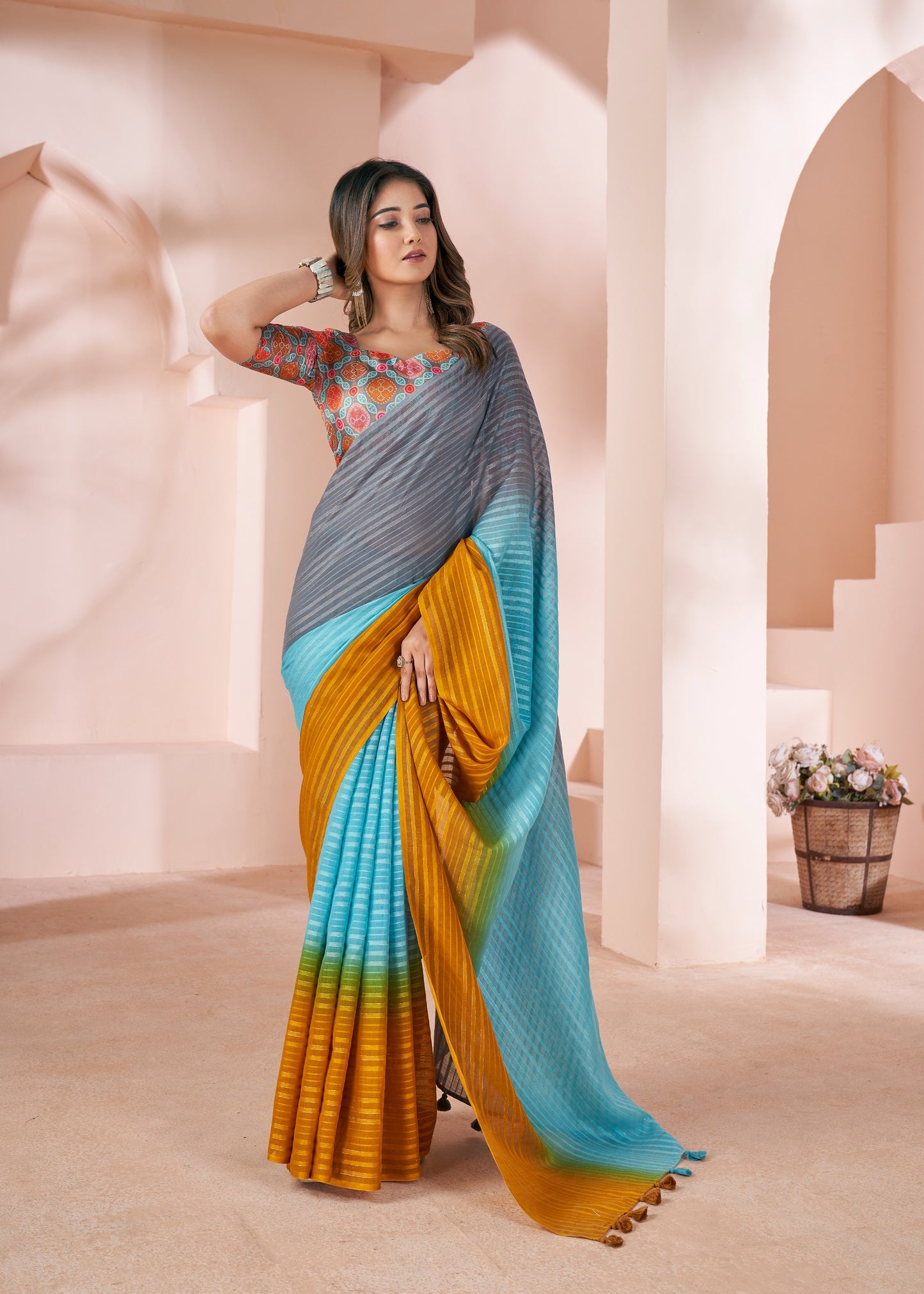 Elegant Shaded Print Linen Saree with Digital Blouse