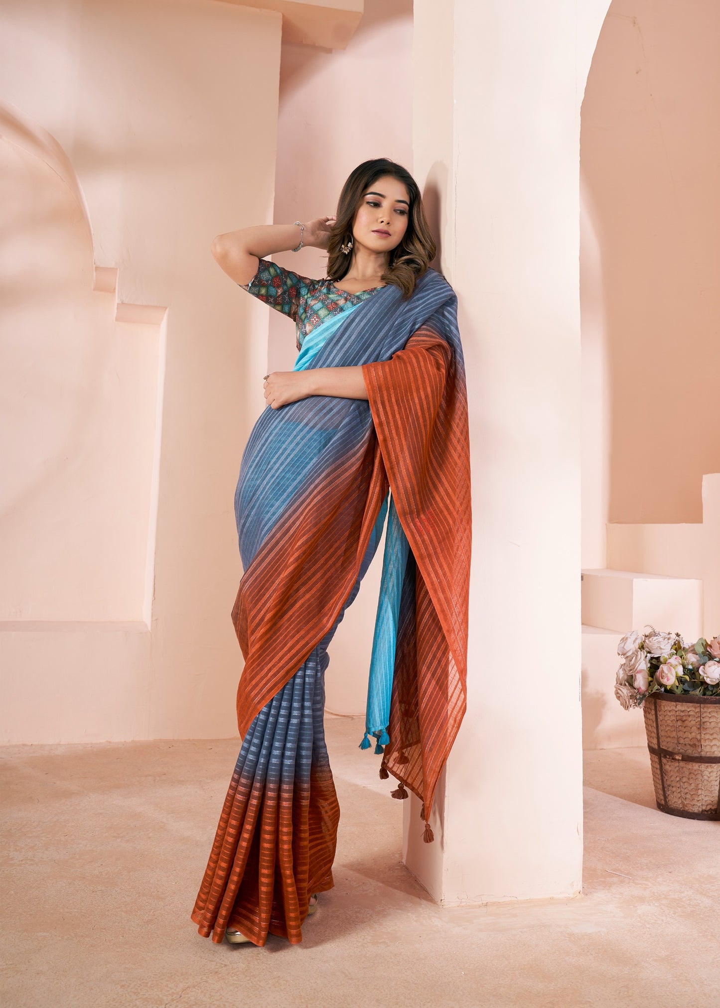 Elegant Shaded Print Linen Saree with Digital Blouse