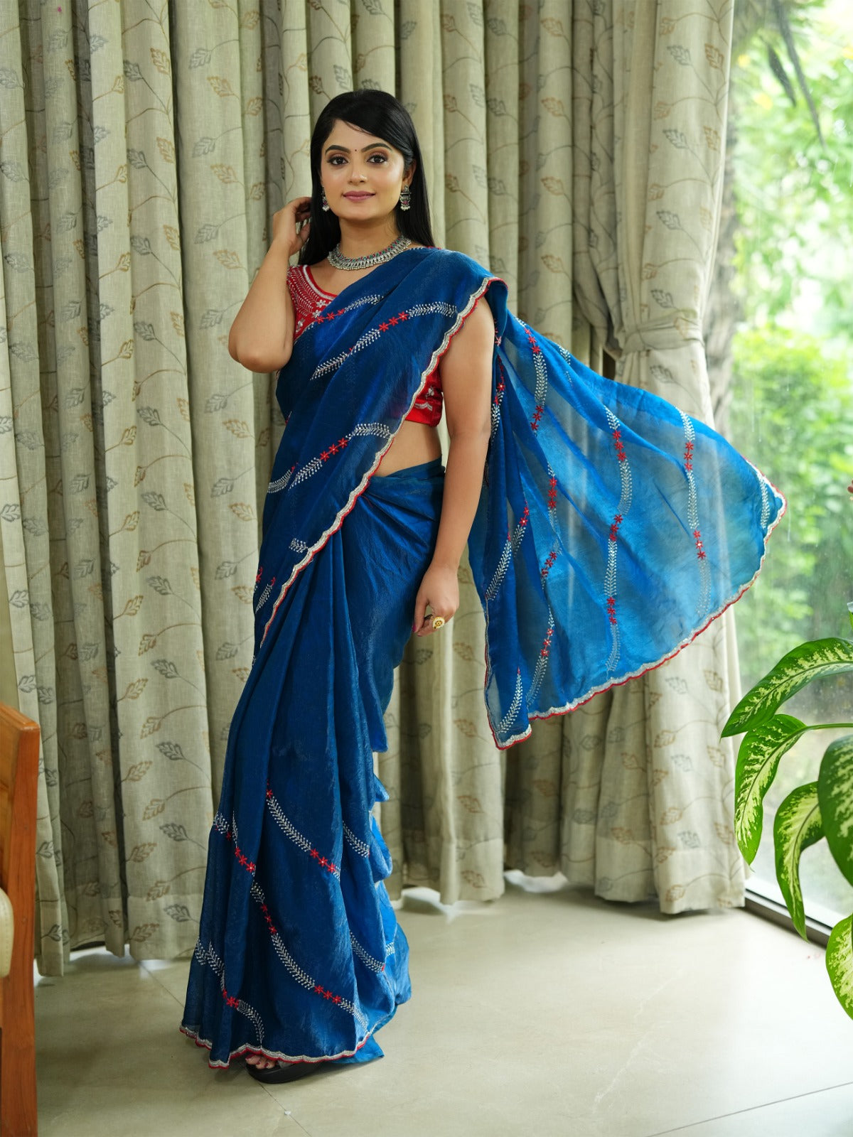 Shimmer Frendy Chiffon Saree with Heavy Work & Contrast Blouse