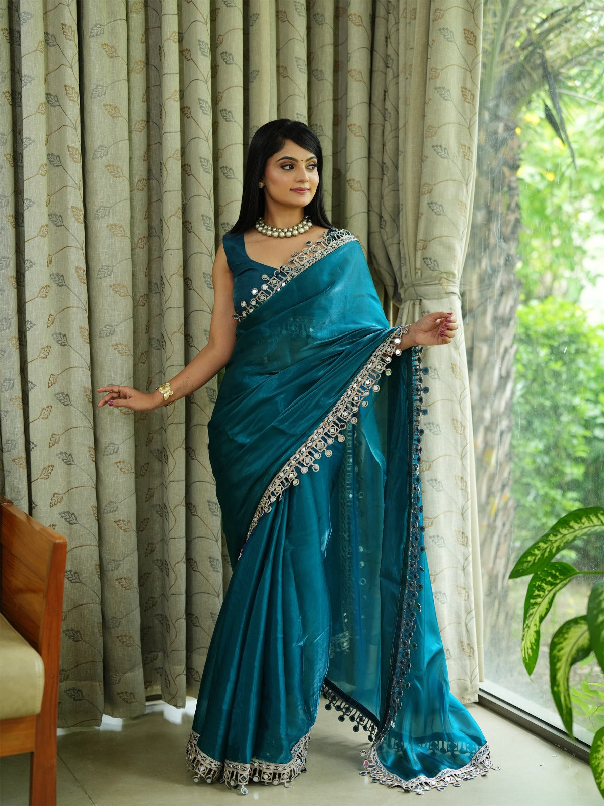 Premium Satin Organza Saree with Real Mirror & Tar Work Raw Silk Blouse
