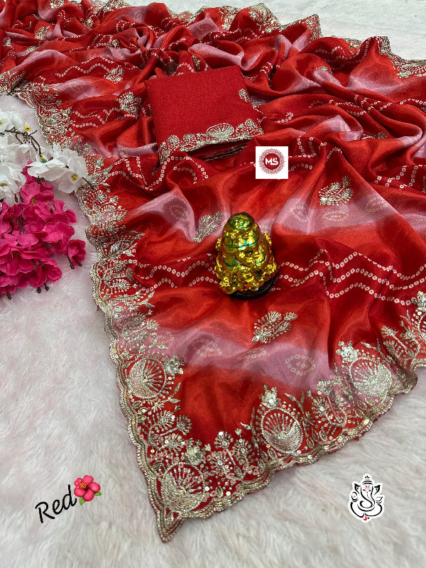 Premium Bandhini Soft Chinon Silk Multicolour Saree
