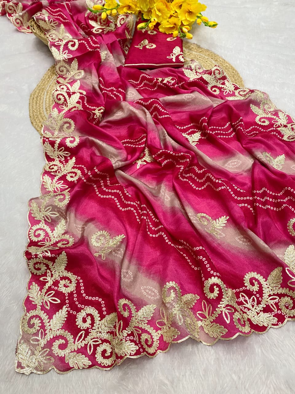 Chinnon Lehriya Bandhani Saree with Ribbon Gota Patti Work