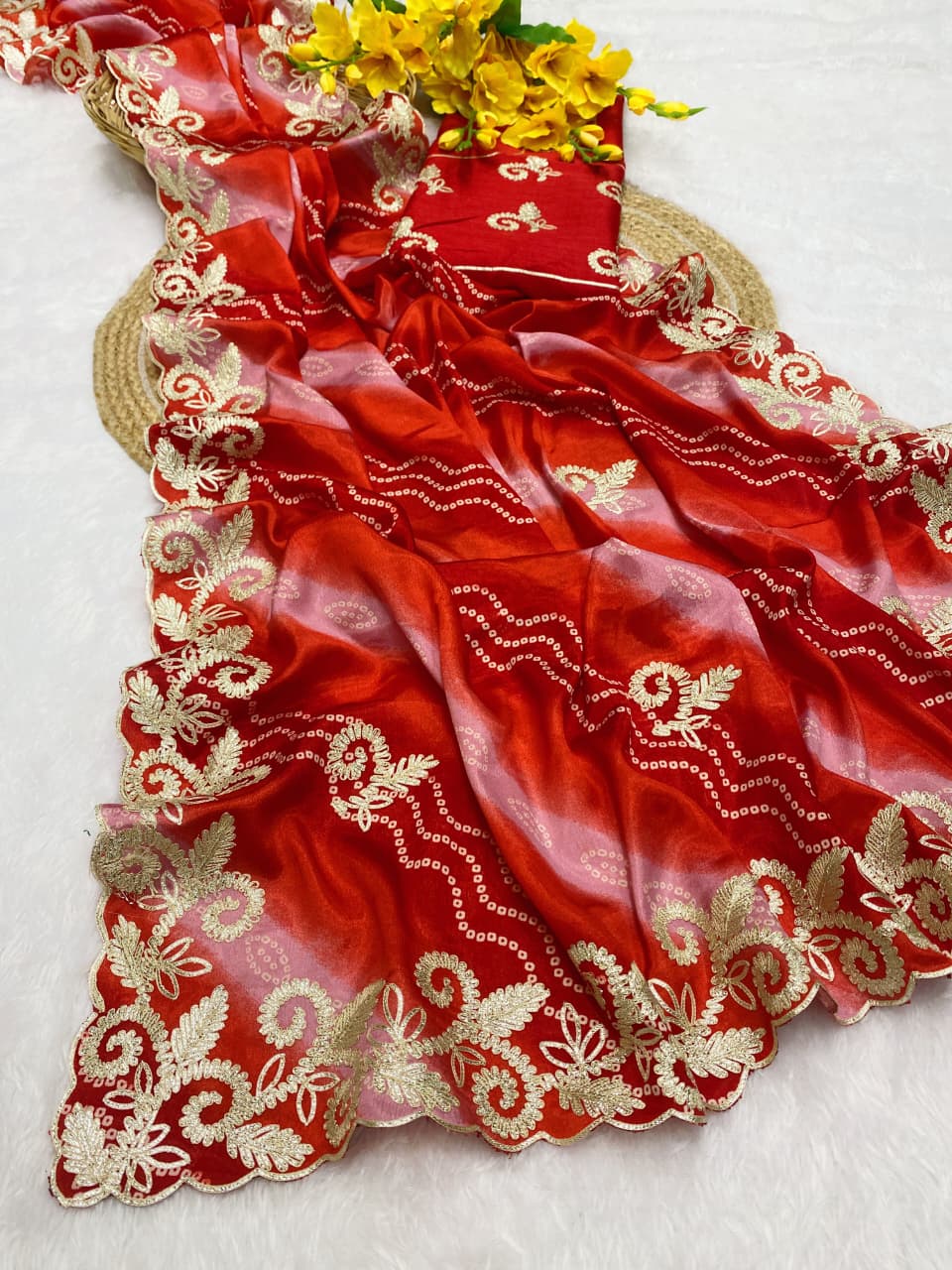 Chinnon Lehriya Bandhani Saree with Ribbon Gota Patti Work