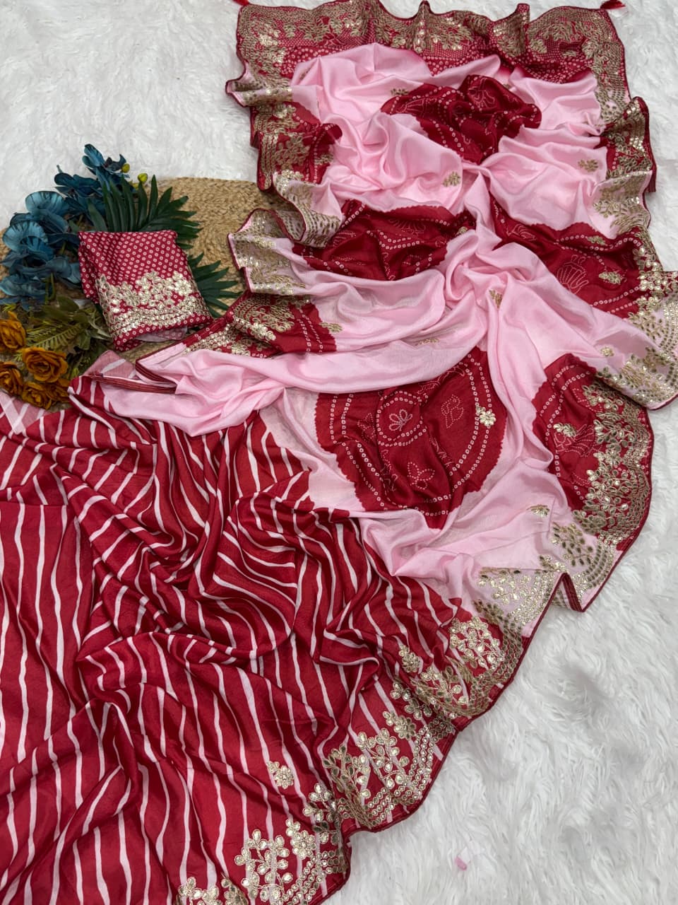 Premium Shiny Silk Saree with Bandhni Blouse