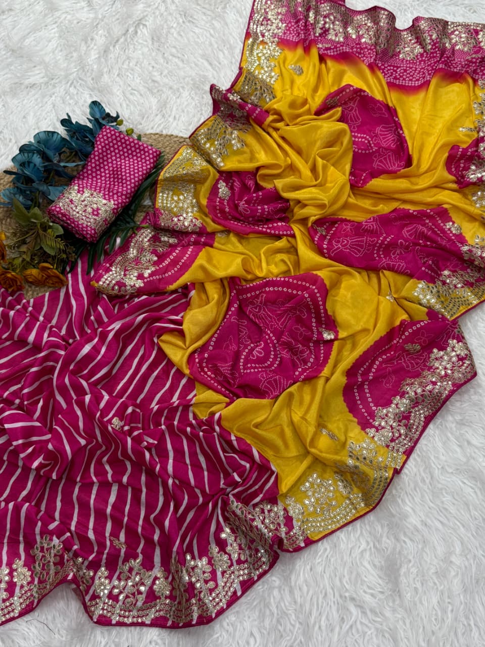 Premium Shiny Silk Saree with Bandhni Blouse