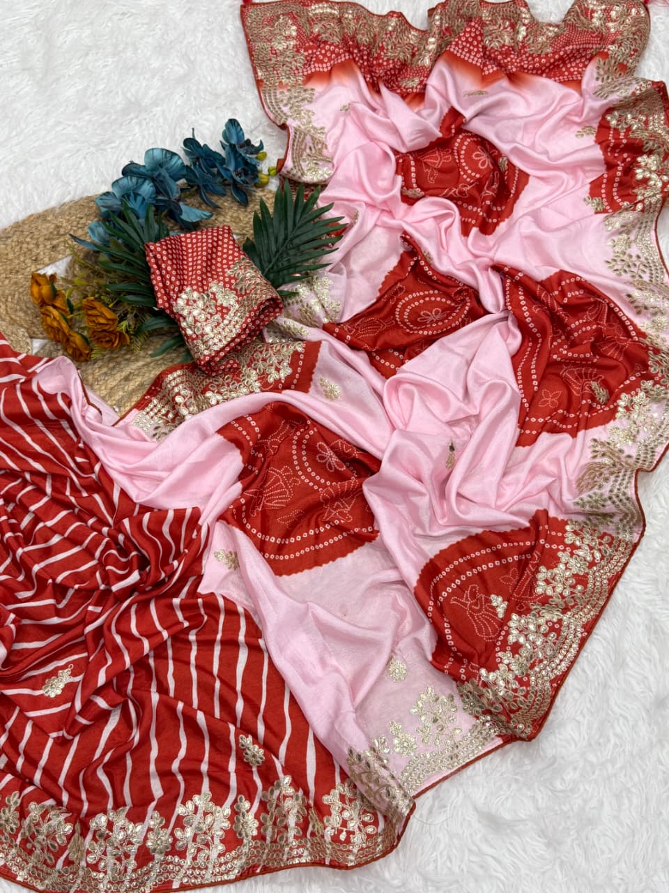 Premium Shiny Silk Saree with Bandhni Blouse