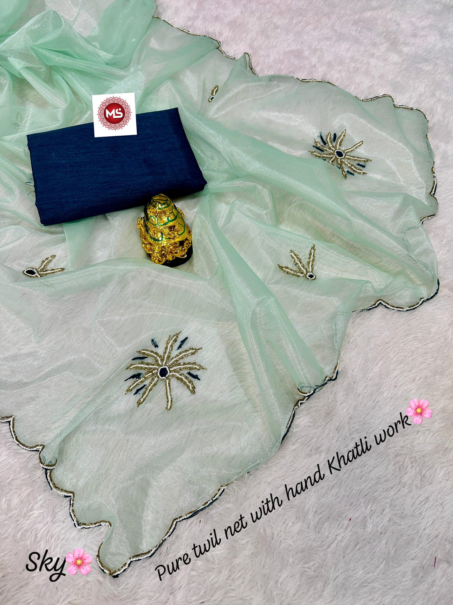 Premium Twile Net Saree with Hand Cutdana, Moti & Khatli Work