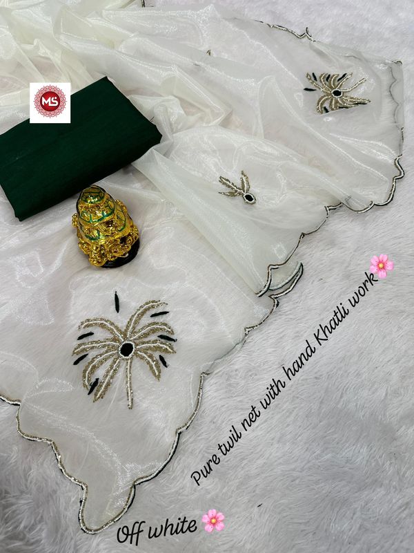 Premium Twile Net Saree with Hand Cutdana, Moti & Khatli Work