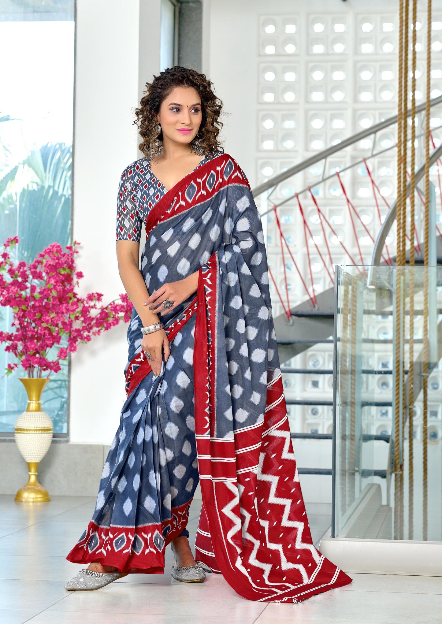 Ikkat Pure Soft Luxury Hand Print Mulmul Cotton Saree