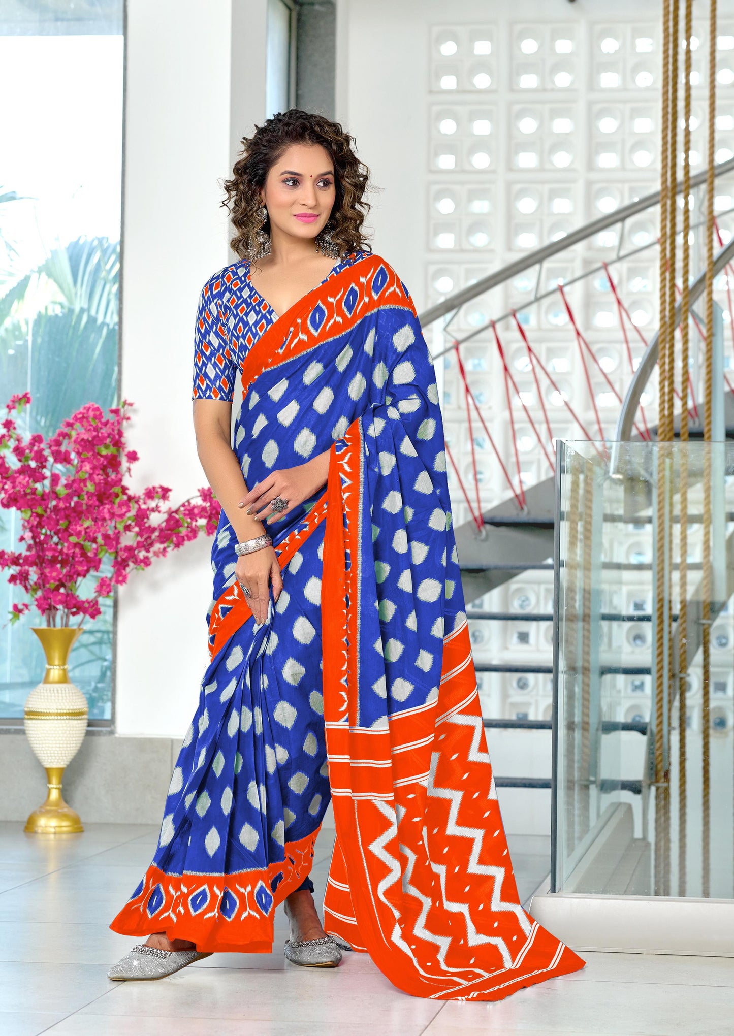Ikkat Pure Soft Luxury Hand Print Mulmul Cotton Saree