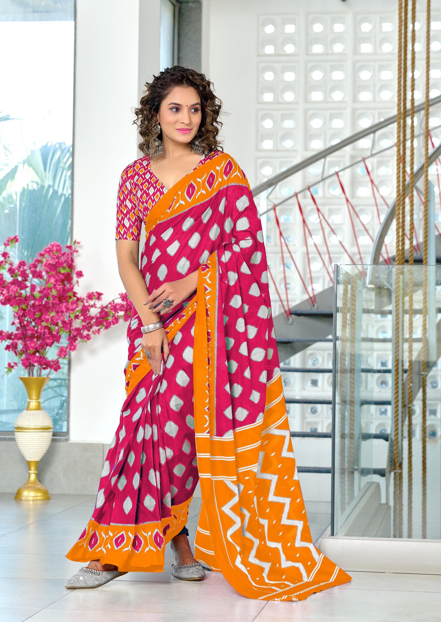 Ikkat Pure Soft Luxury Hand Print Mulmul Cotton Saree