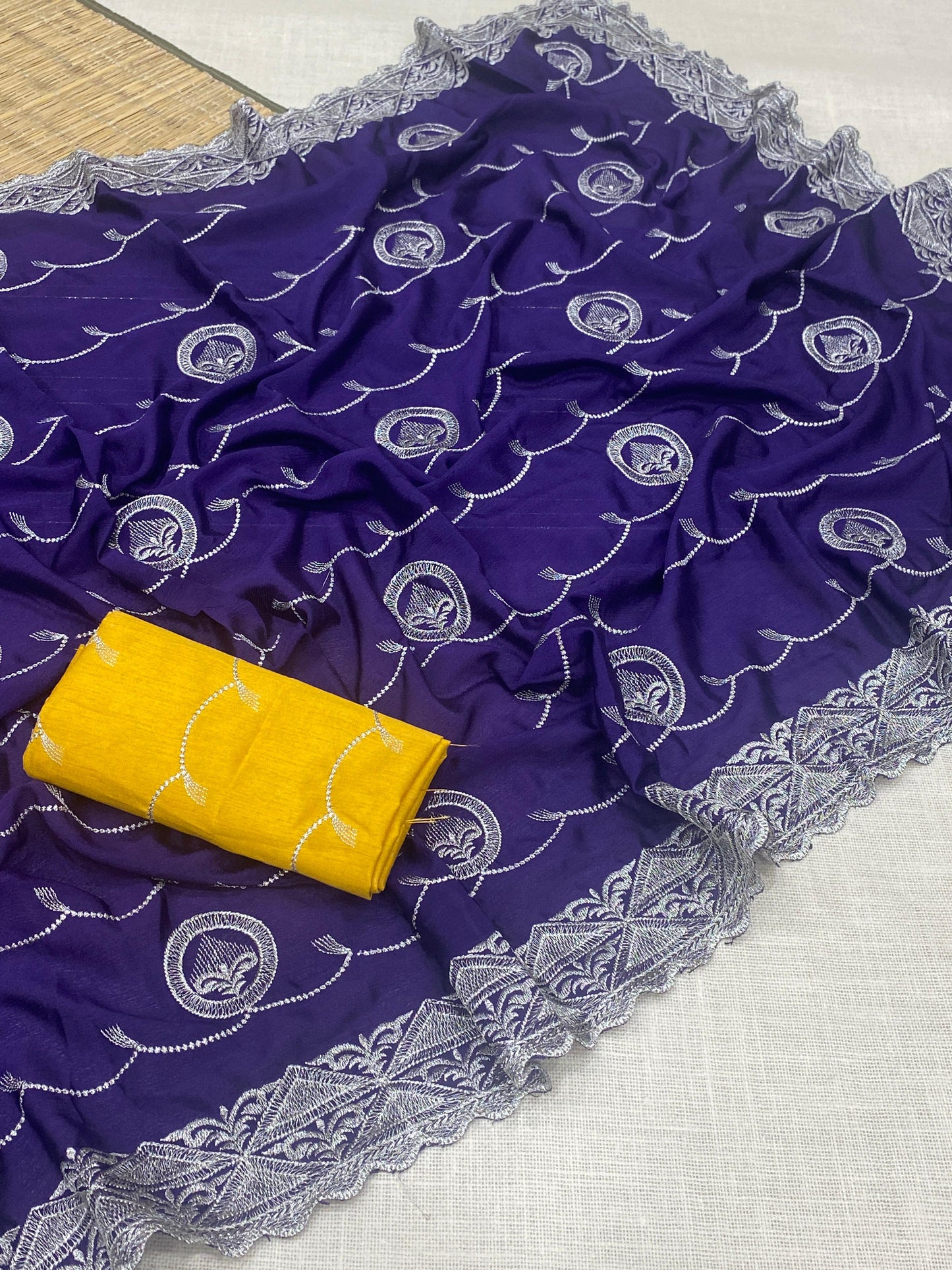 Premium Chinnon Silk Saree with Embroidered Mono Banglori Blouse