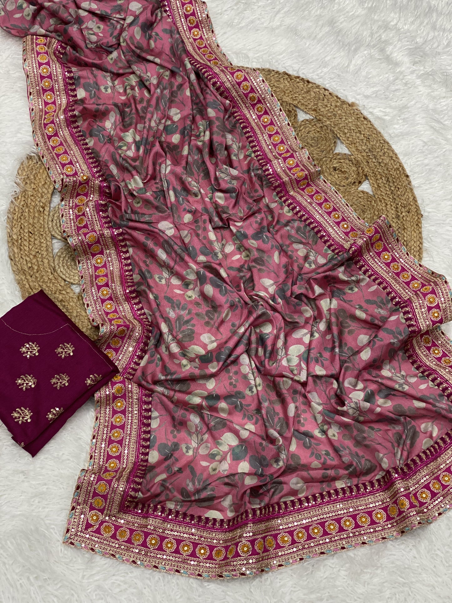 Premium Chinnon Silk Digital Print Saree with Embroidered Blouse