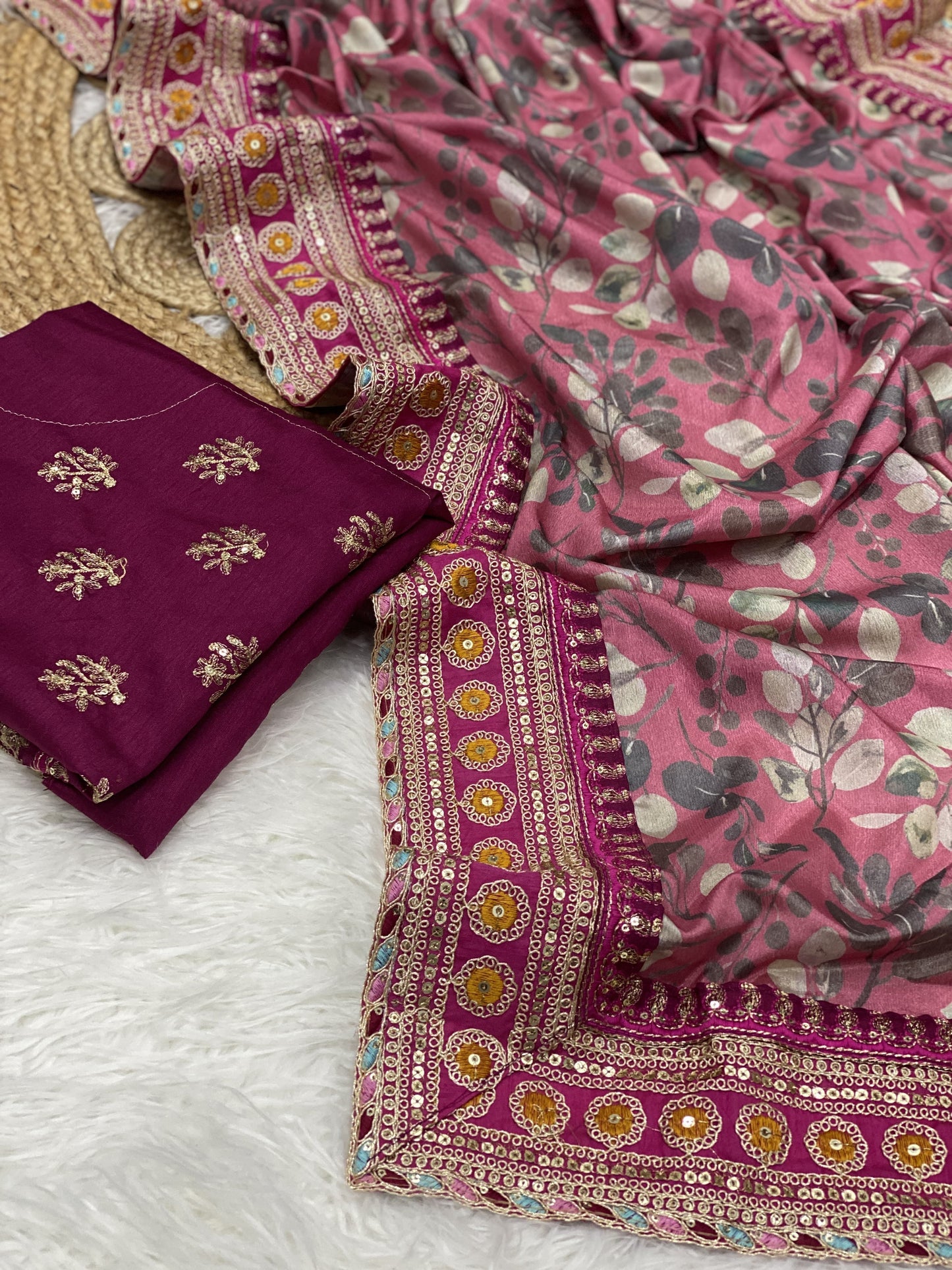 Premium Chinnon Silk Digital Print Saree with Embroidered Blouse