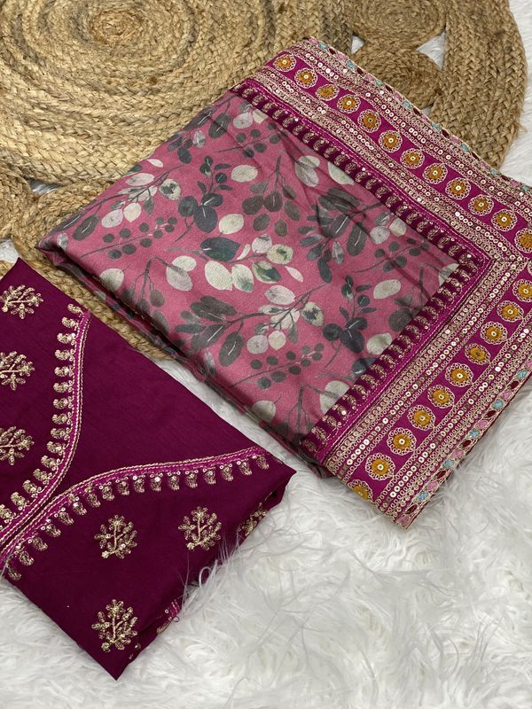 Premium Chinnon Silk Digital Print Saree with Embroidered Blouse