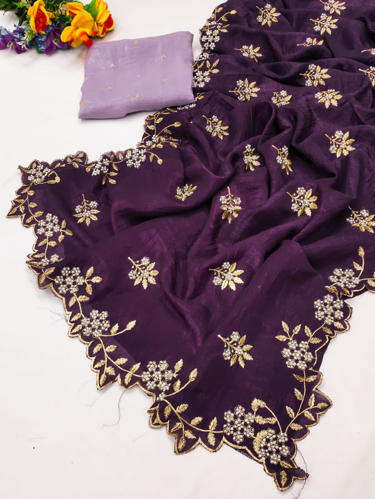 Candy Crush Silk Saree with Moti & Embroidery Scallop Border