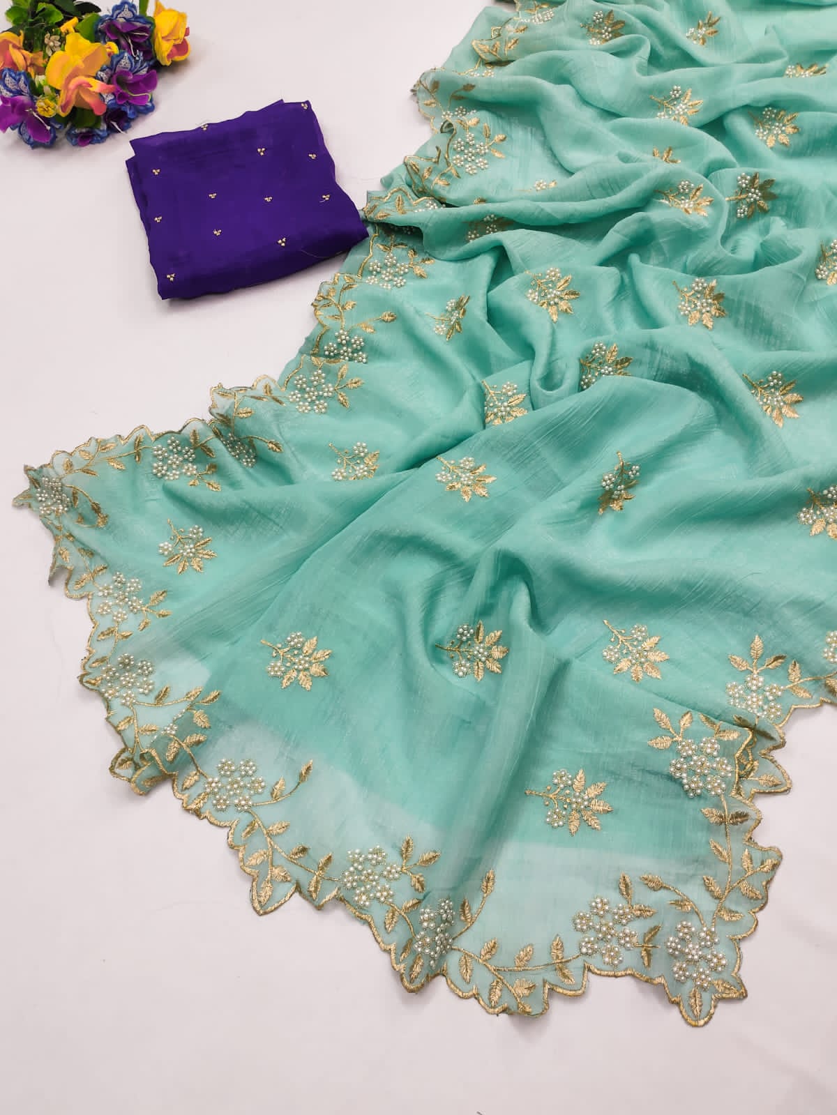 Candy Crush Silk Saree with Moti & Embroidery Scallop Border