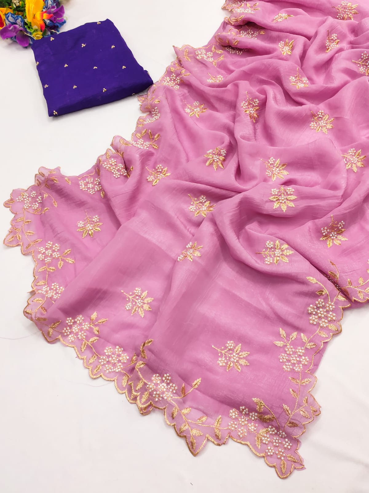 Candy Crush Silk Saree with Moti & Embroidery Scallop Border