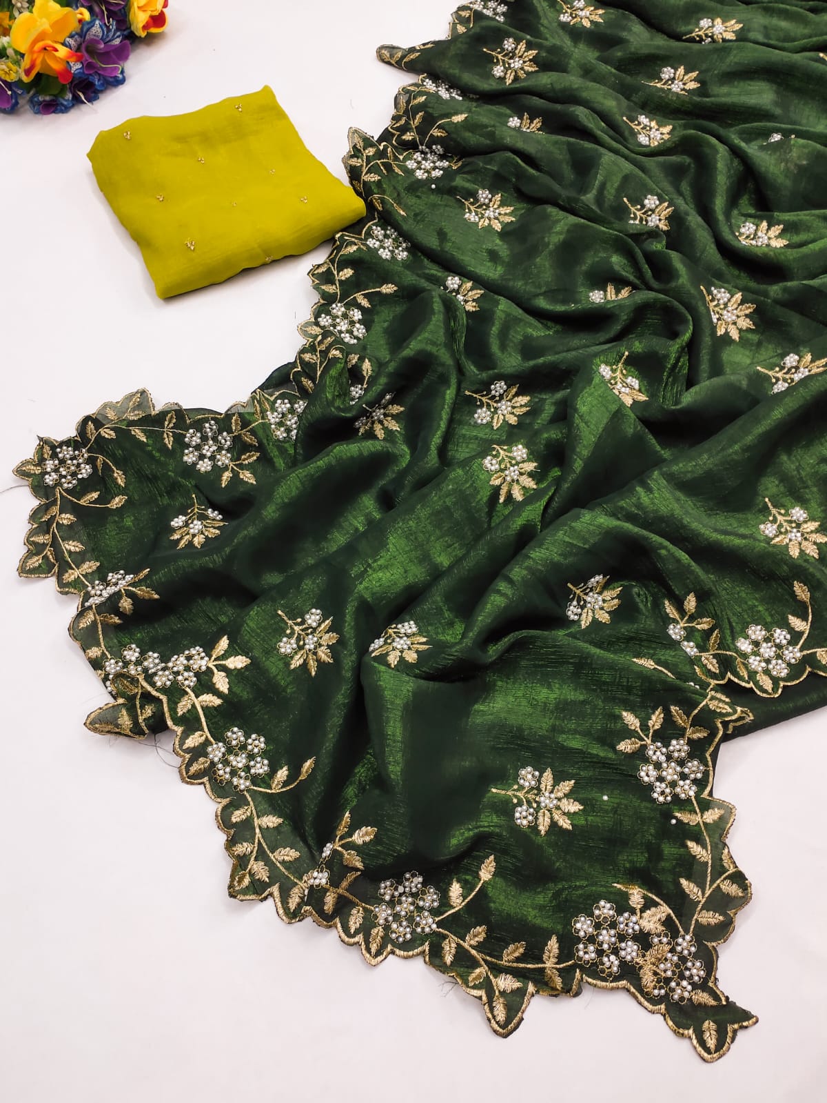Candy Crush Silk Saree with Moti & Embroidery Scallop Border