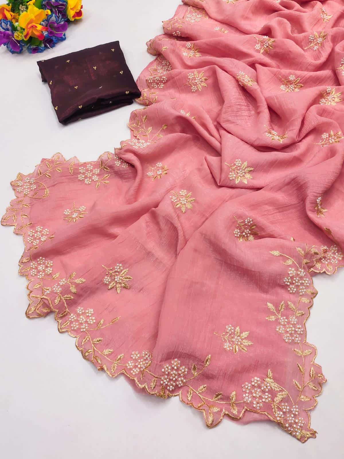 Candy Crush Silk Saree with Moti & Embroidery Scallop Border