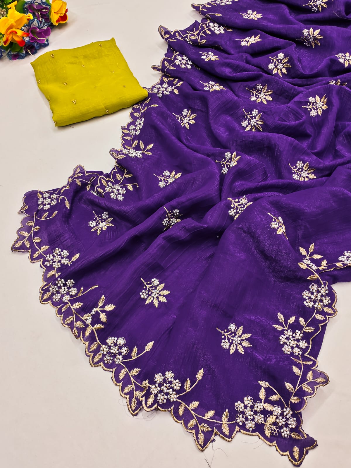Candy Crush Silk Saree with Moti & Embroidery Scallop Border