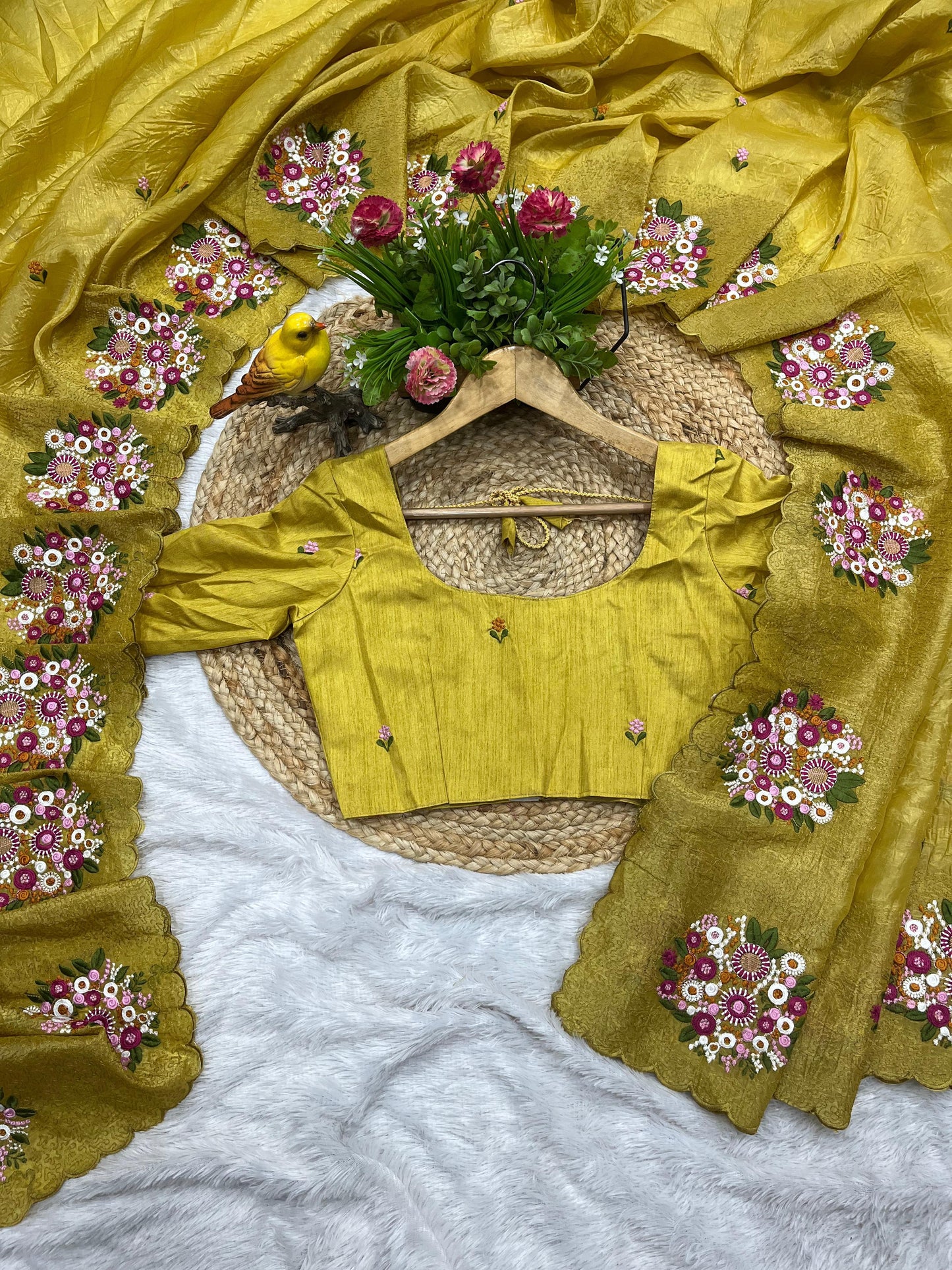 Pure Gold Crush Saree with Multicolor Thread & Cutwork Embroidery