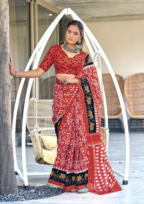 Premium Pure Mulmul Cotton Sarees Ikkat Hand Block Print