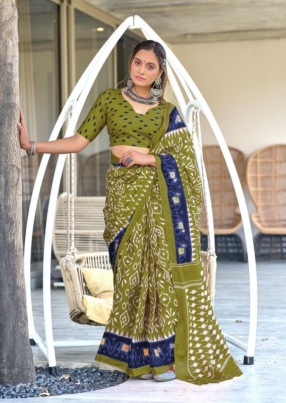 Premium Pure Mulmul Cotton Sarees Ikkat Hand Block Print