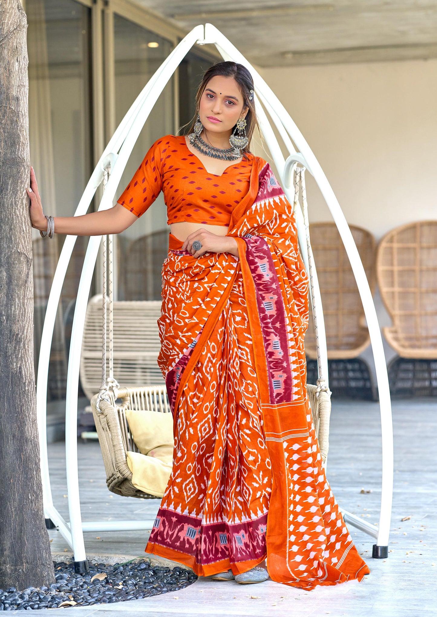 Premium Pure Mulmul Cotton Sarees Ikkat Hand Block Print