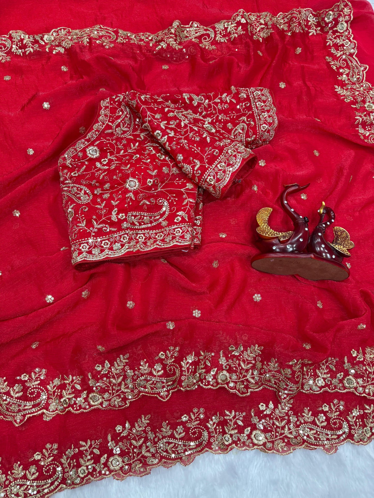 Premium Frendy Chiffon Saree with Heavy Sequins & Zari Embroidery