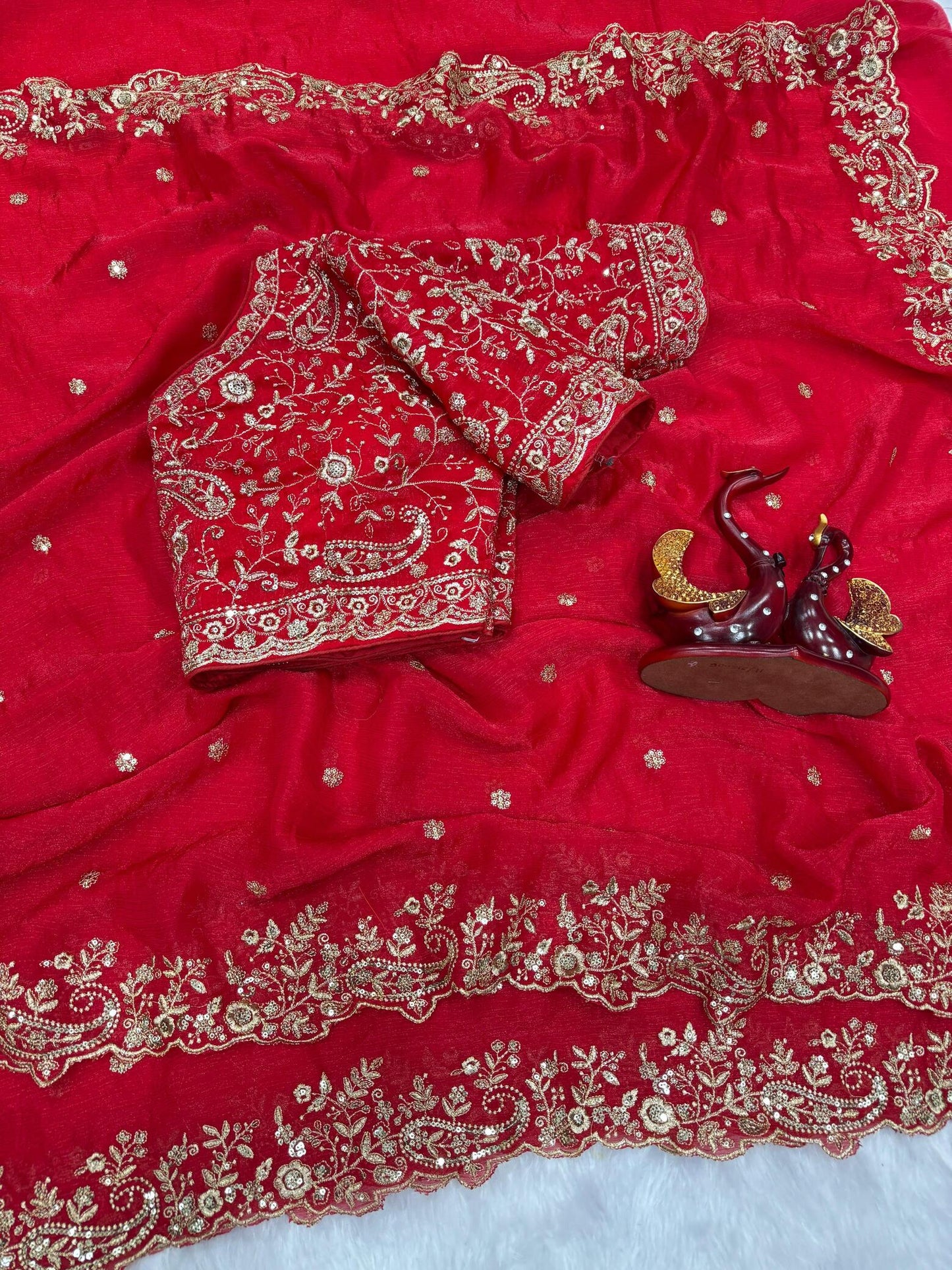 Luxe Fendy Satin Saree with 3mm Sequin Embroidery & Heavy Border