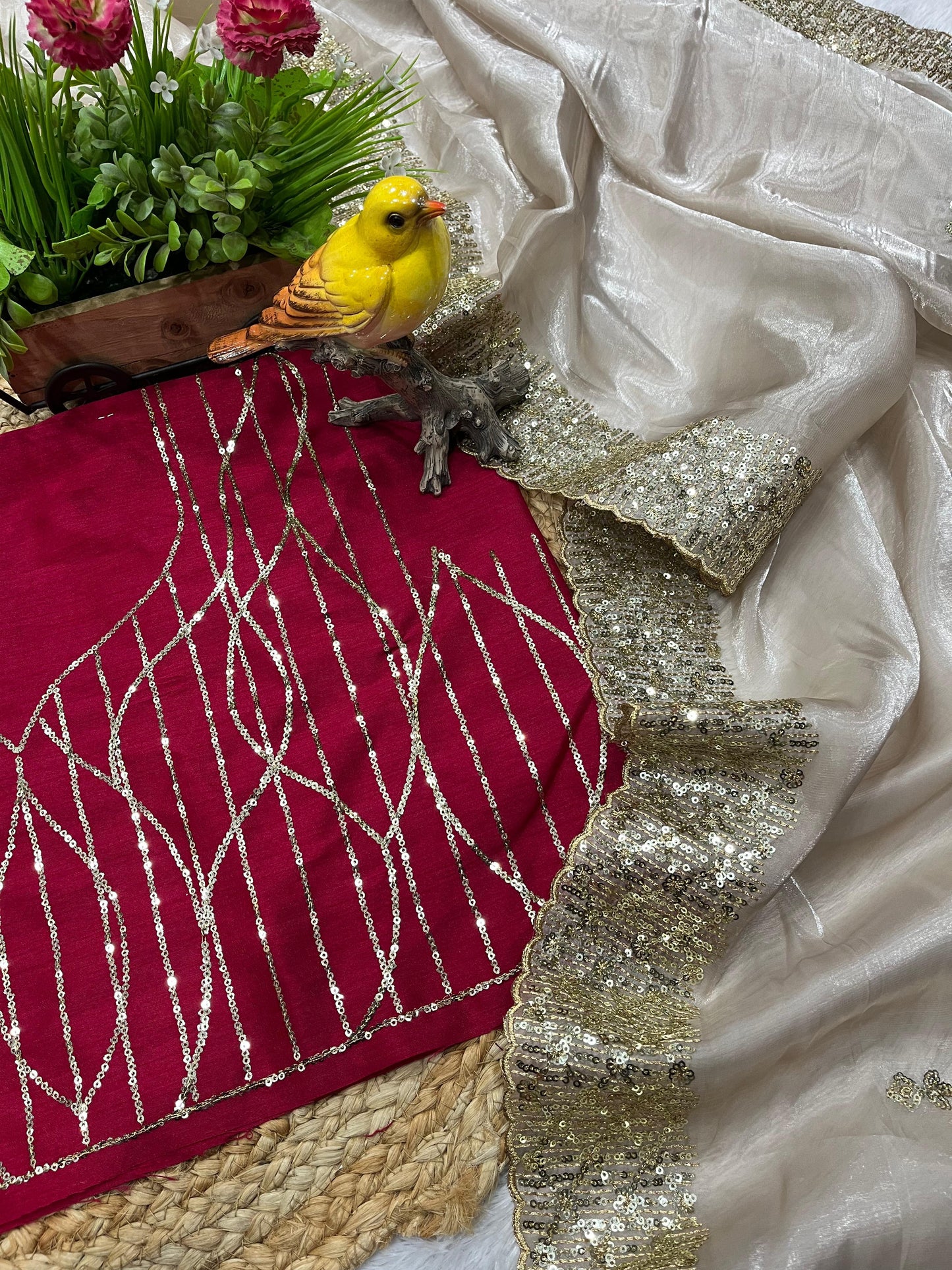 Premium Designer Saree Soft Jimmy Choo Fabric with Sequins Cutwork Border