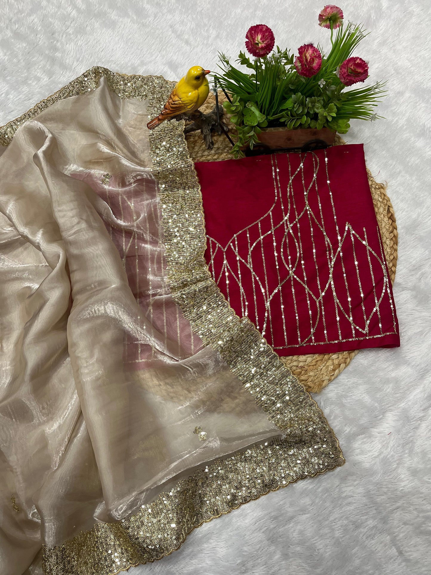 Premium Designer Saree Soft Jimmy Choo Fabric with Sequins Cutwork Border