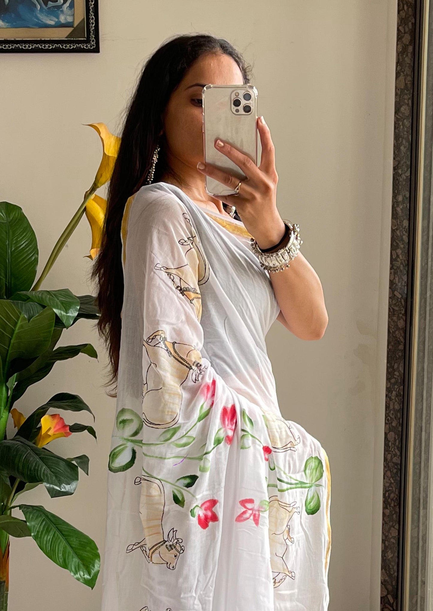 Traditional Pichwai Design Hand Painted & Hand Block Maslin Cotton Saree