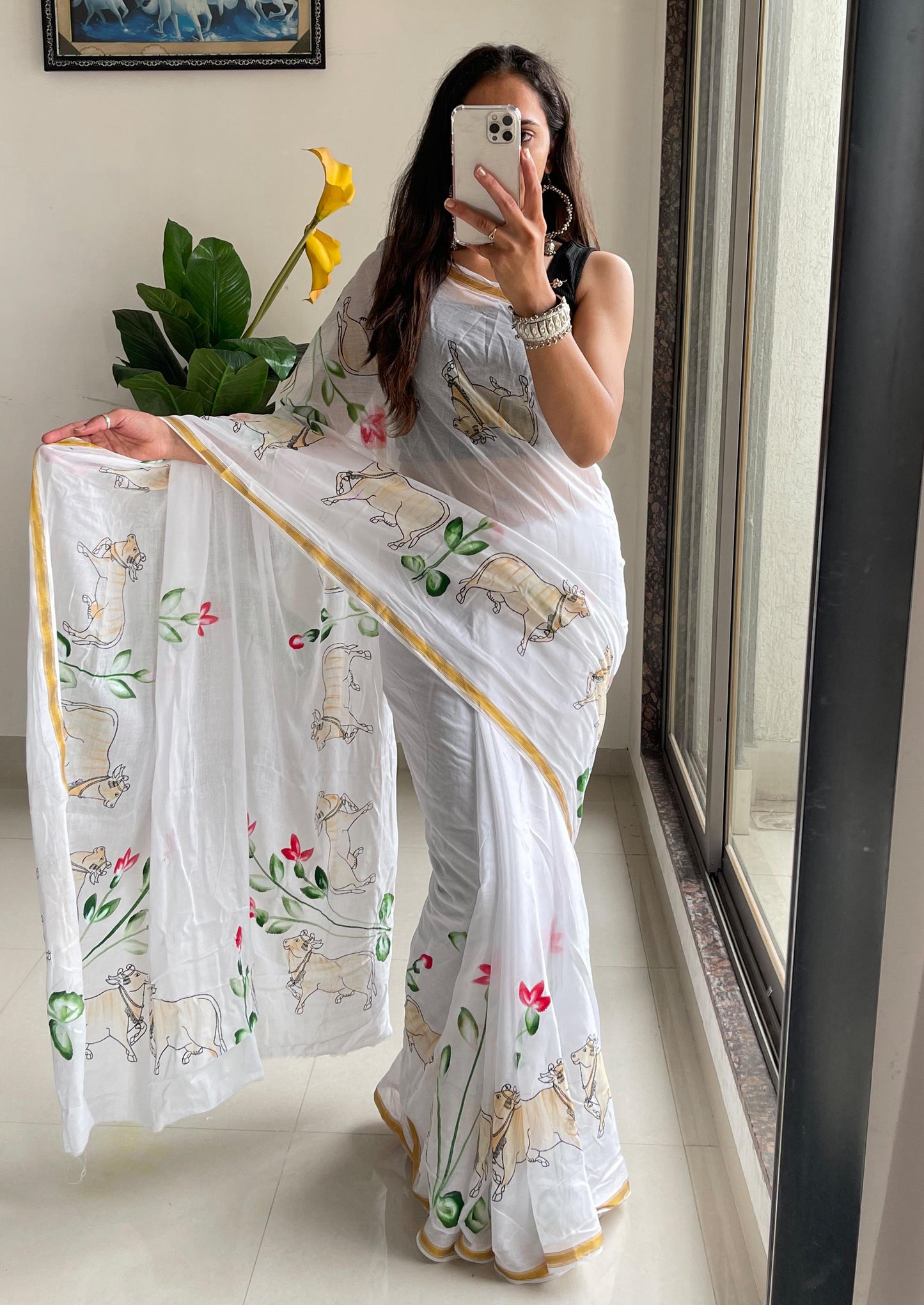 Traditional Pichwai Design Hand Painted & Hand Block Maslin Cotton Saree