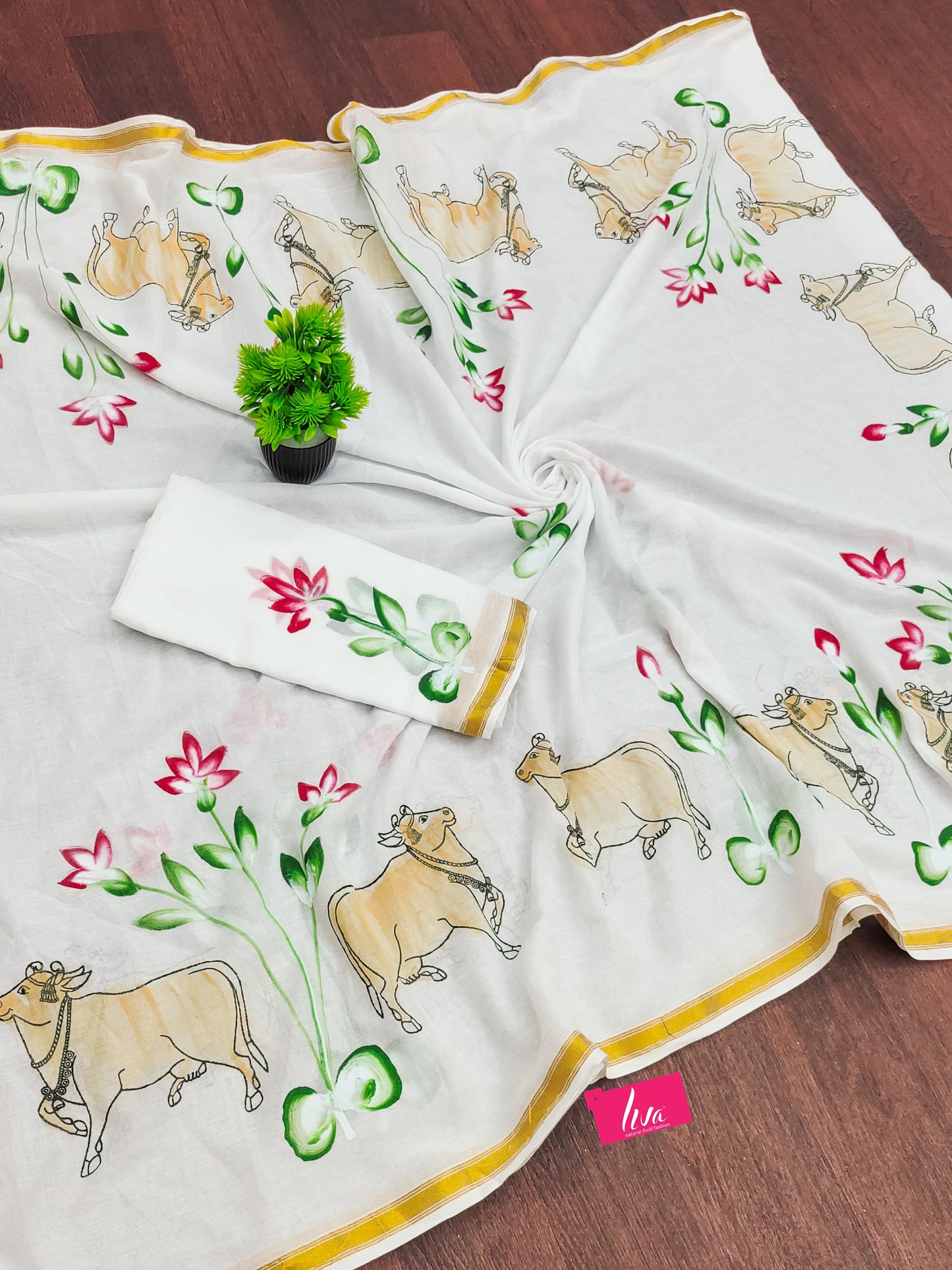Traditional Pichwai Design Hand Painted & Hand Block Maslin Cotton Saree