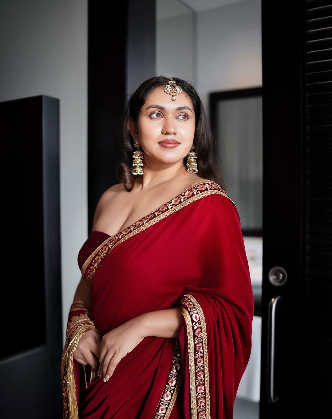Royal Kumkum Red Velvet Saree with Embroidered Lavender Border