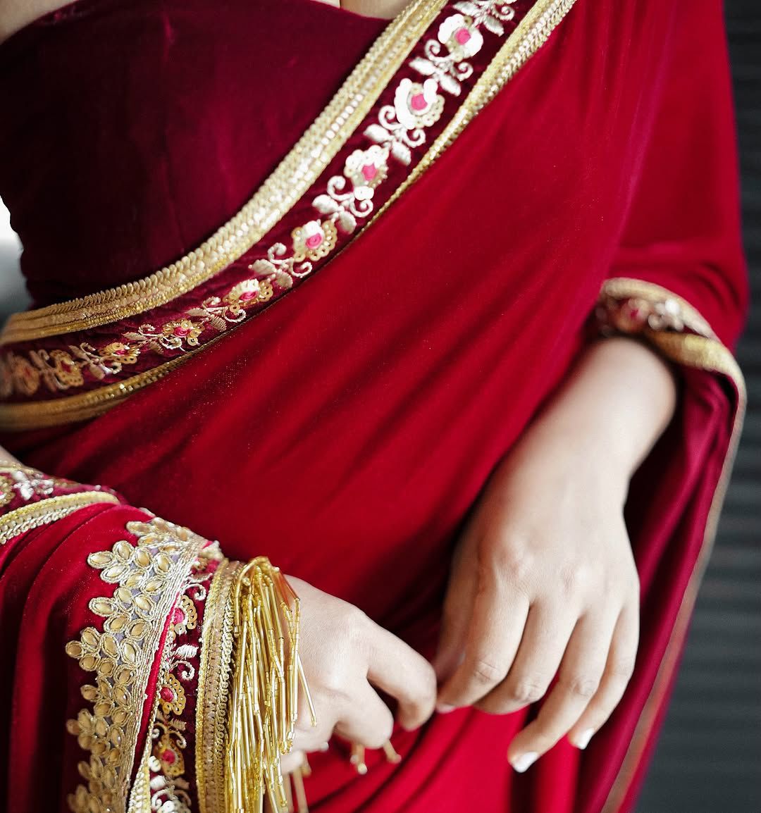 Royal Kumkum Red Velvet Saree with Embroidered Lavender Border