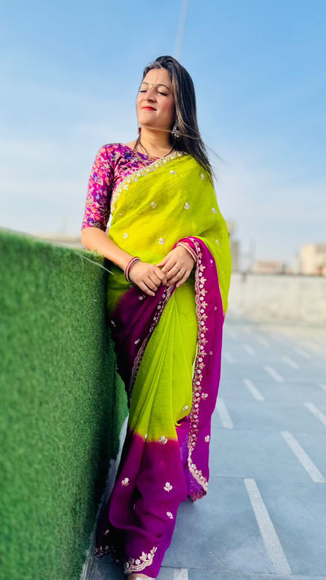 Elegant Churchy Chiffon Saree Digital Print Blouse with Embroidery Work