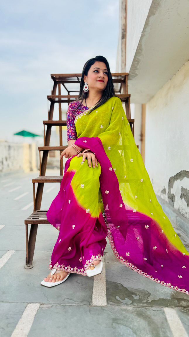 Elegant Churchy Chiffon Saree Digital Print Blouse with Embroidery Work