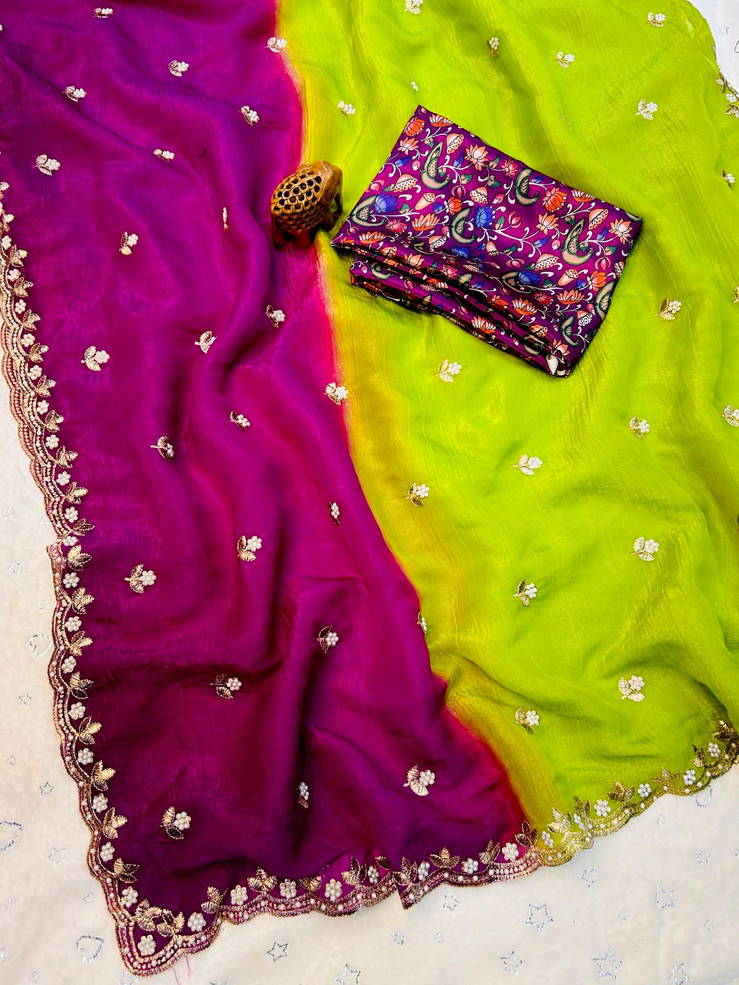 Elegant Churchy Chiffon Saree Digital Print Blouse with Embroidery Work