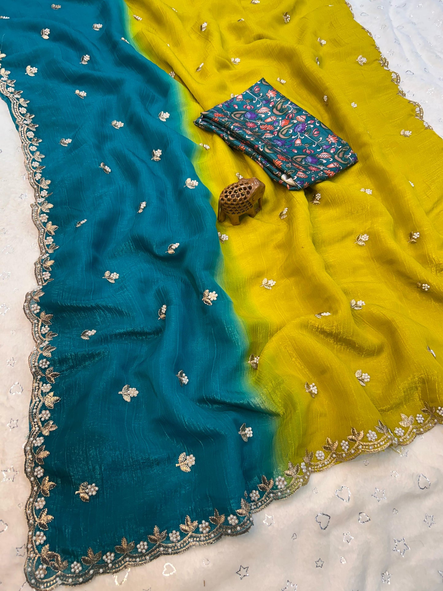 Elegant Churchy Chiffon Saree Digital Print Blouse with Embroidery Work