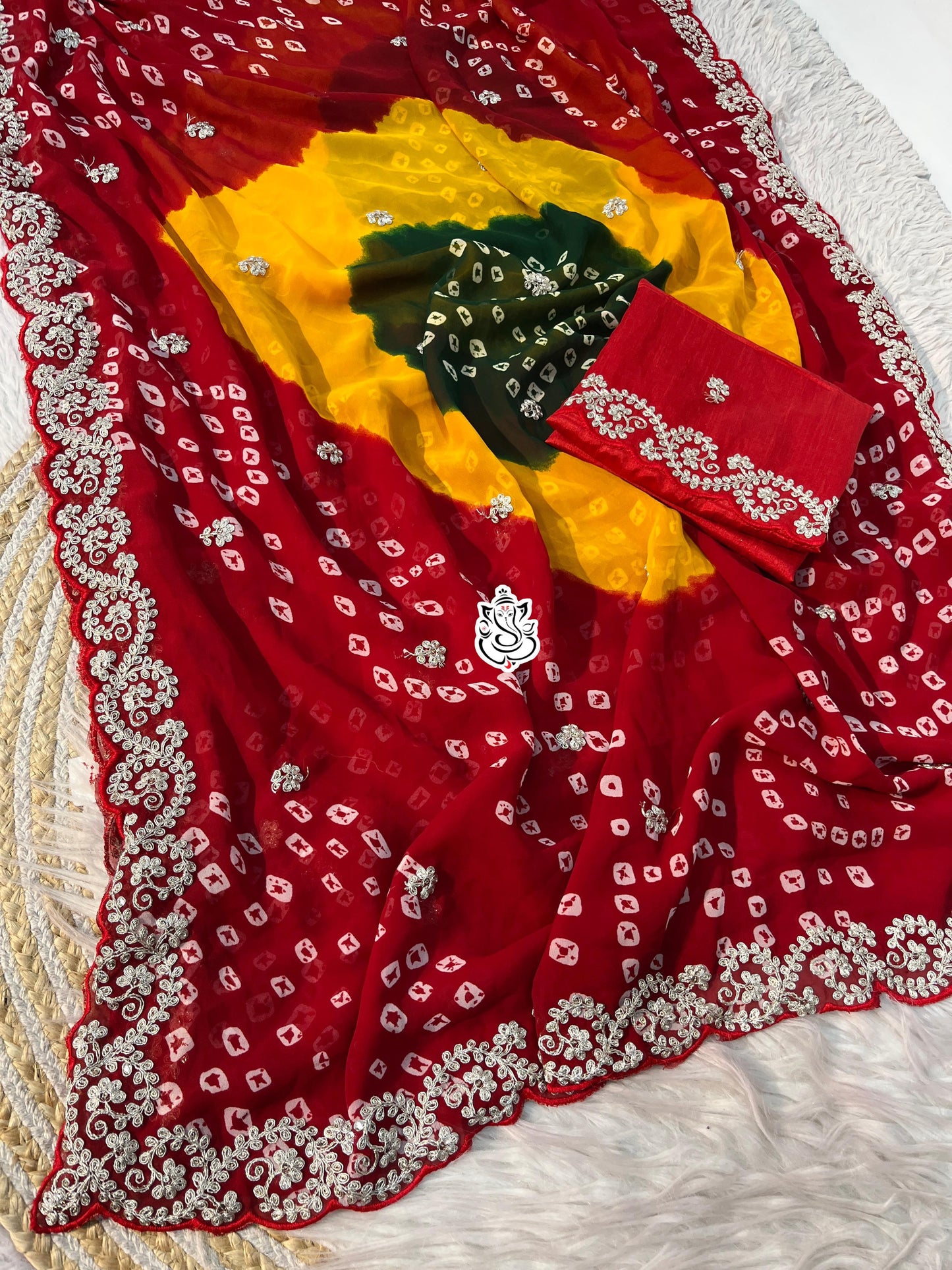 Premium Bandhej Soft C*C Georgette Saree with Pitta & Sequin Work